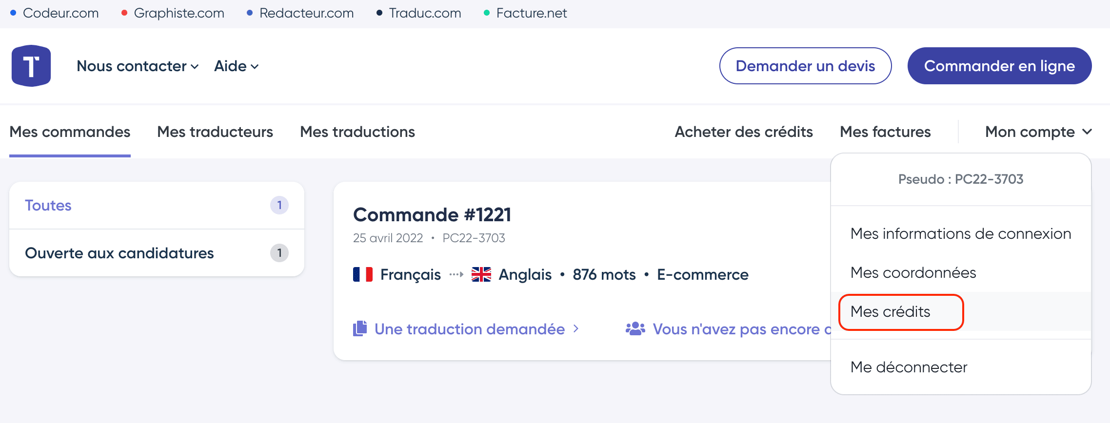 Accès à la page Mes crédits