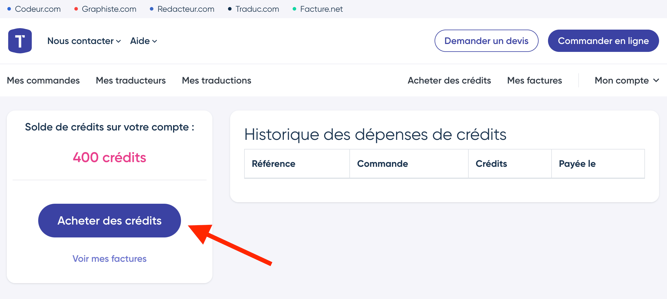 Page Mes crédits