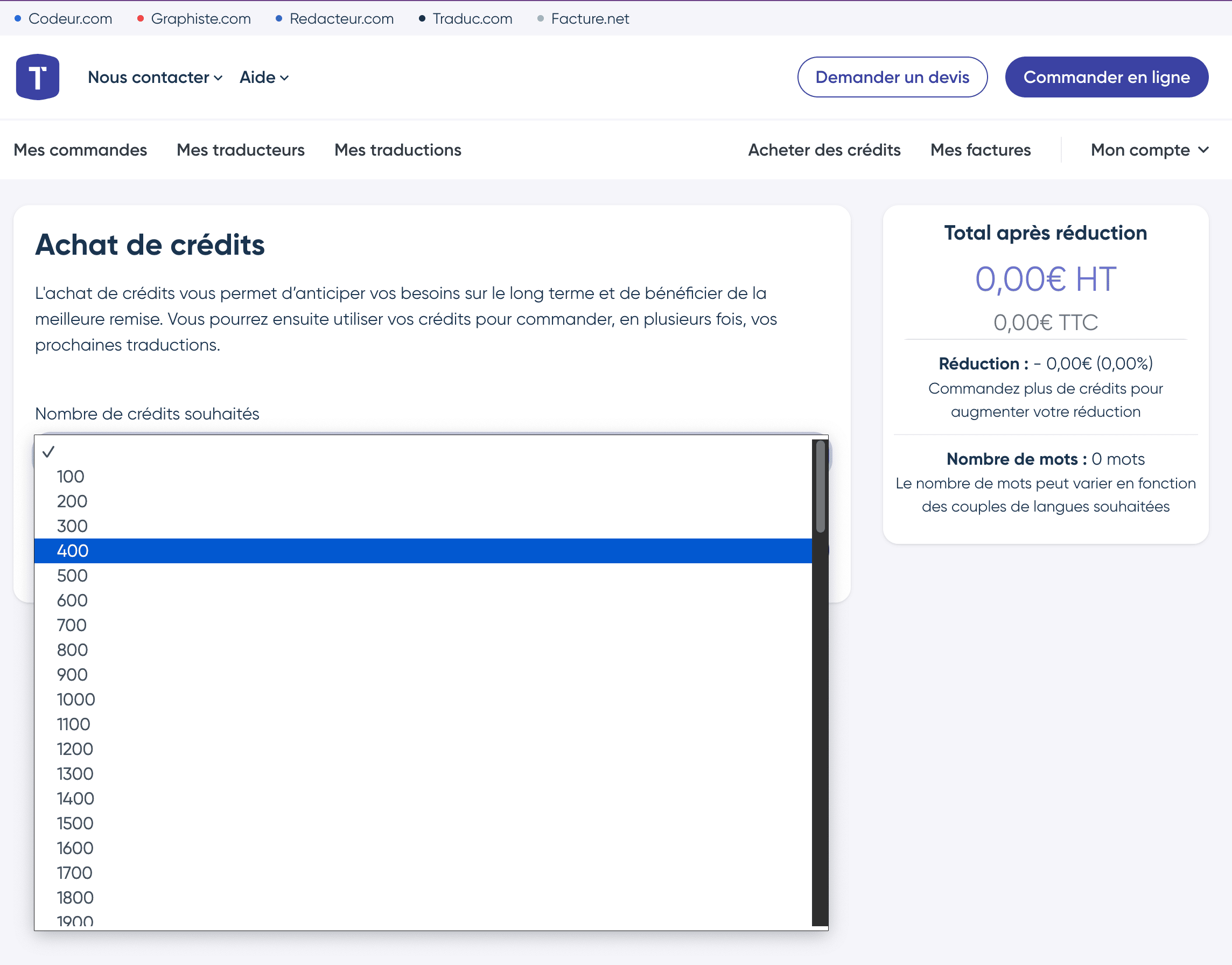 Choix du pack de crédit