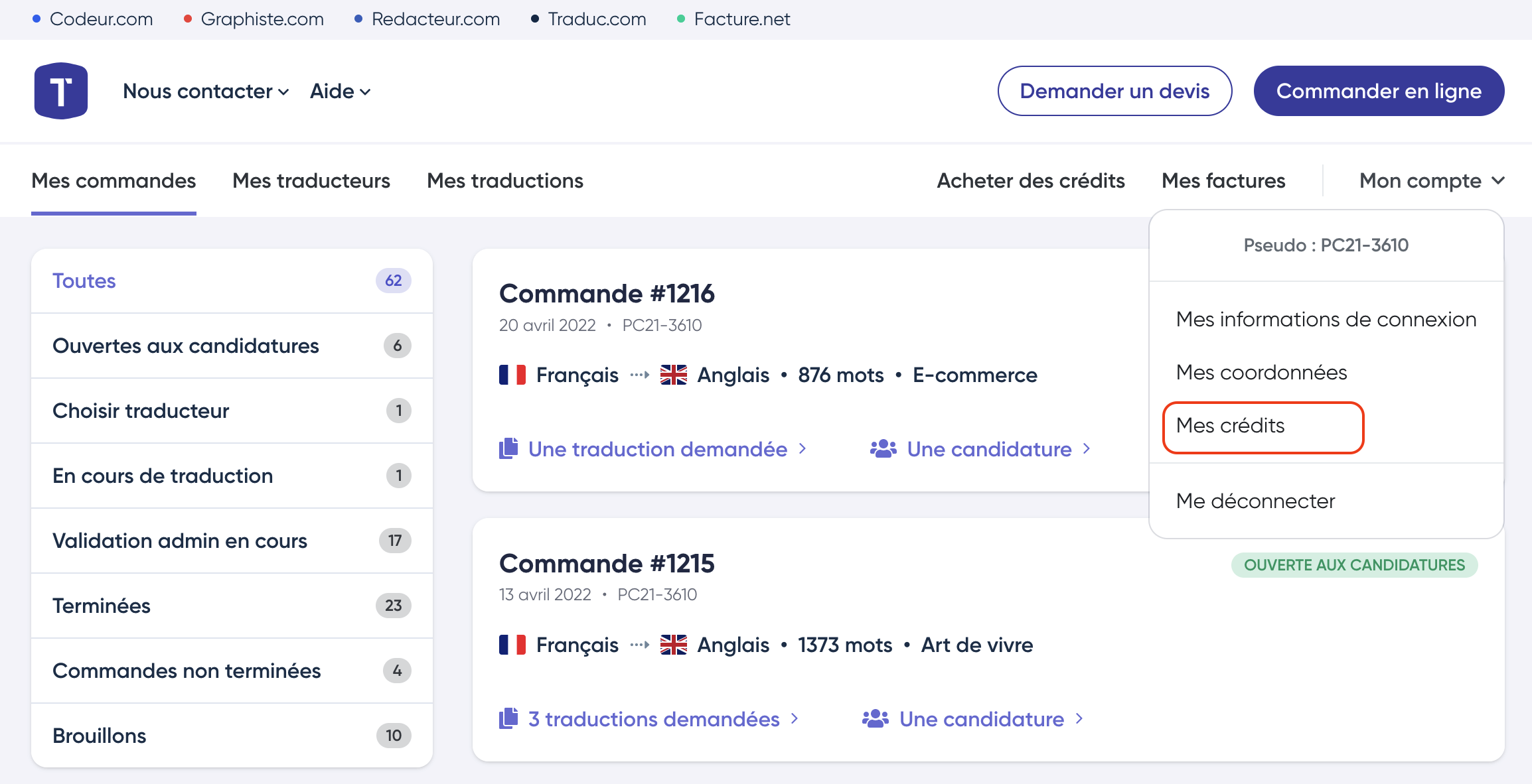 Accès à mes crédits