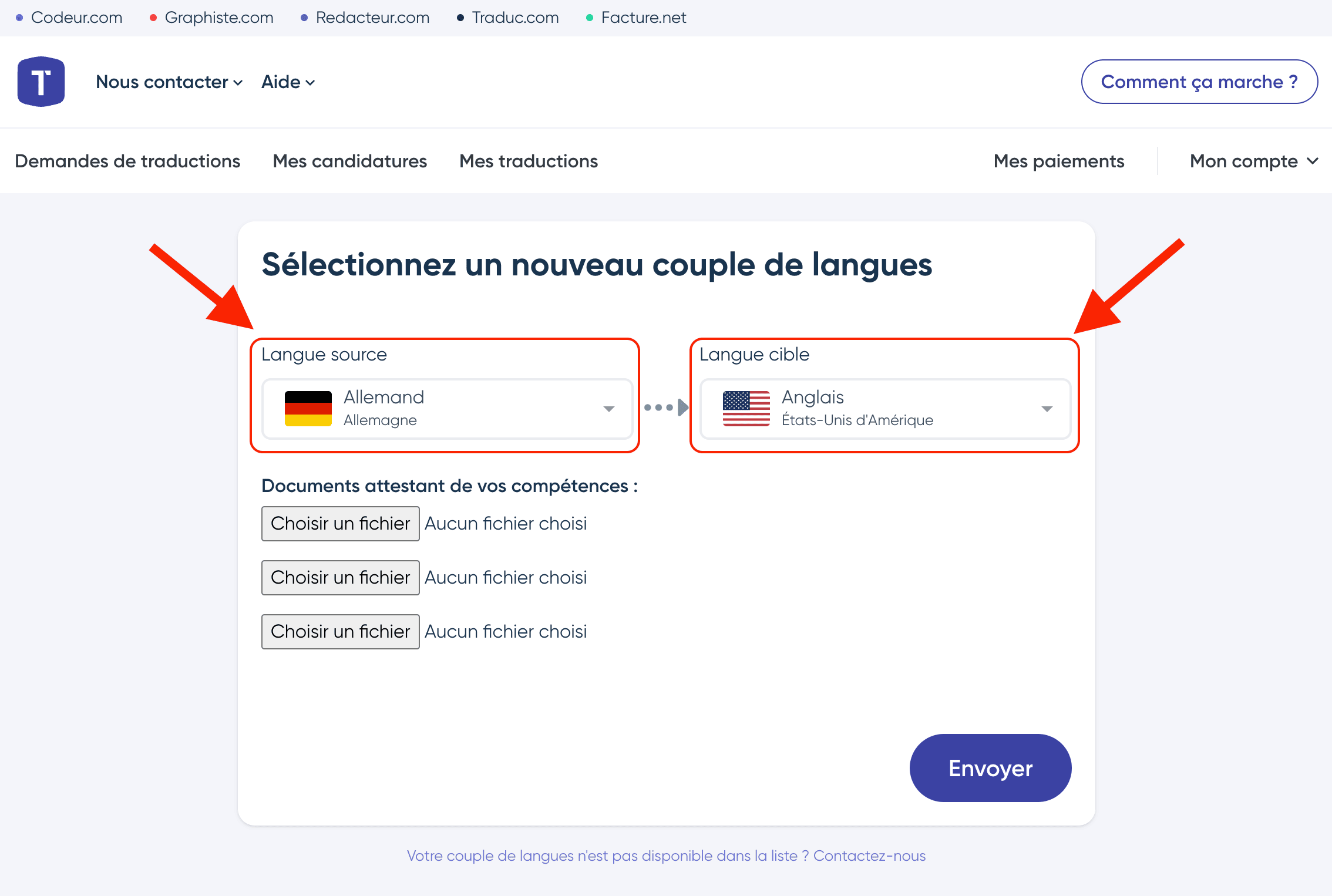 Choix des langues source et cible