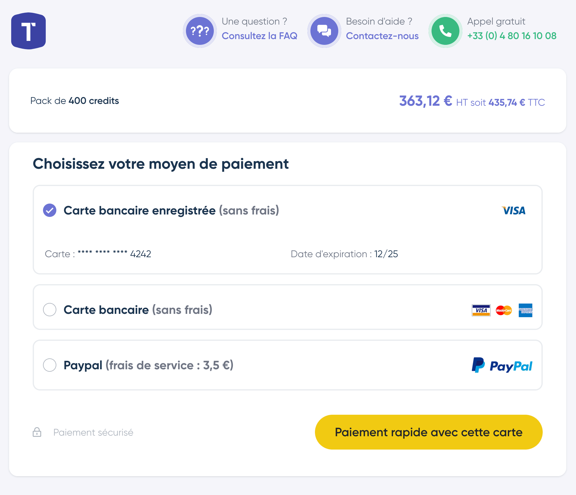 Paiement du pack de crédits