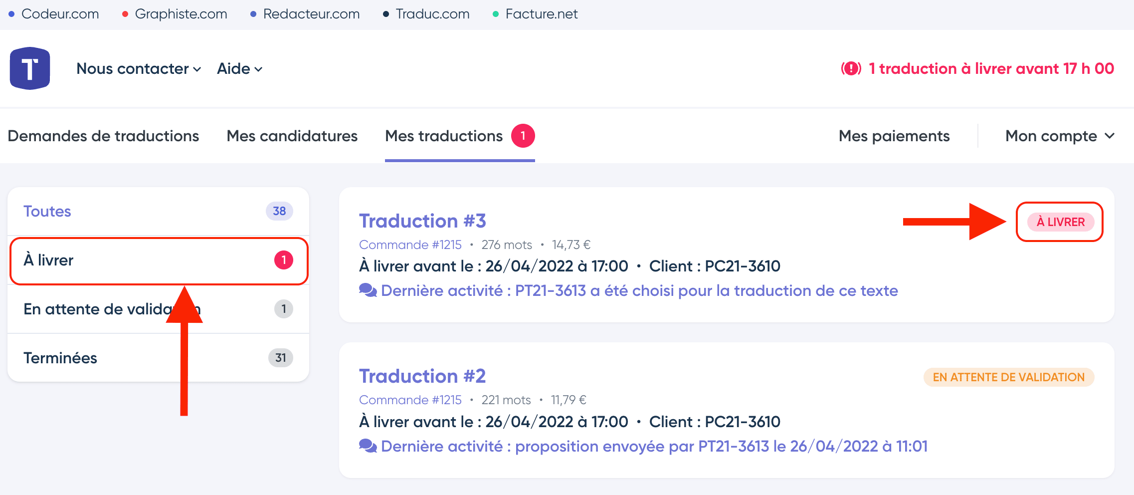 Filtrer mes traductions à livrer
