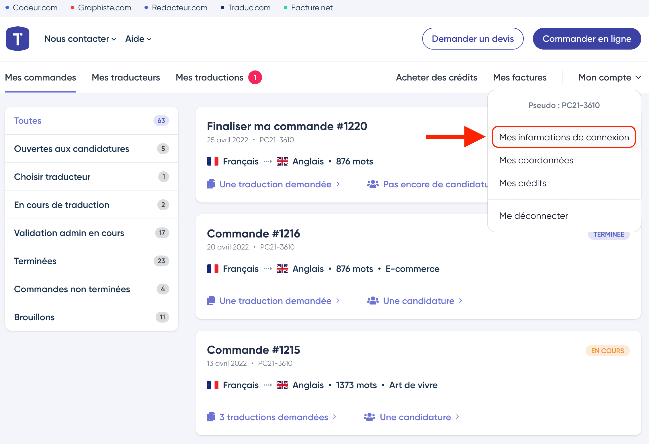 Accès à mes infos de connexion