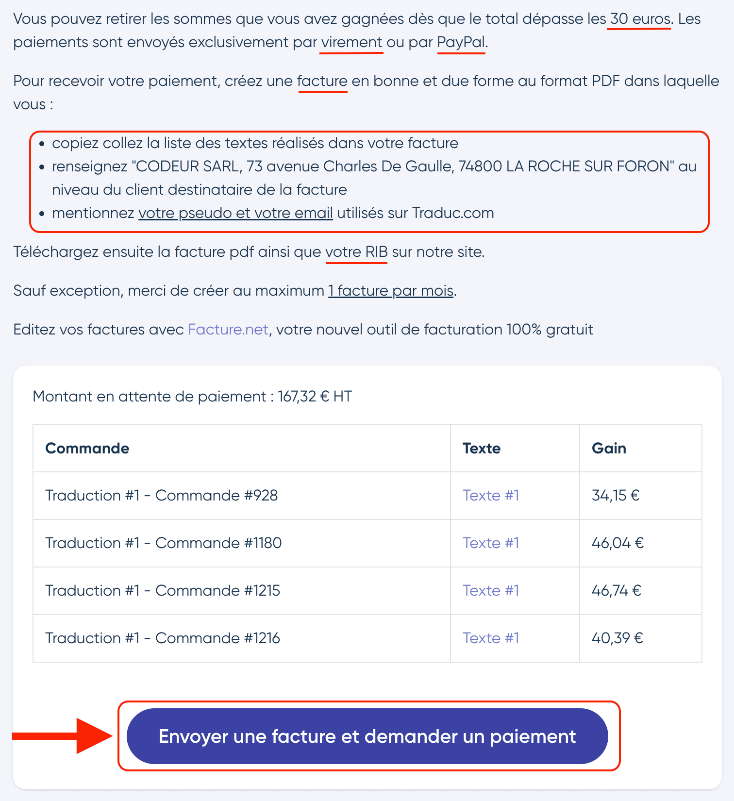 Consignes pour demander un paiement