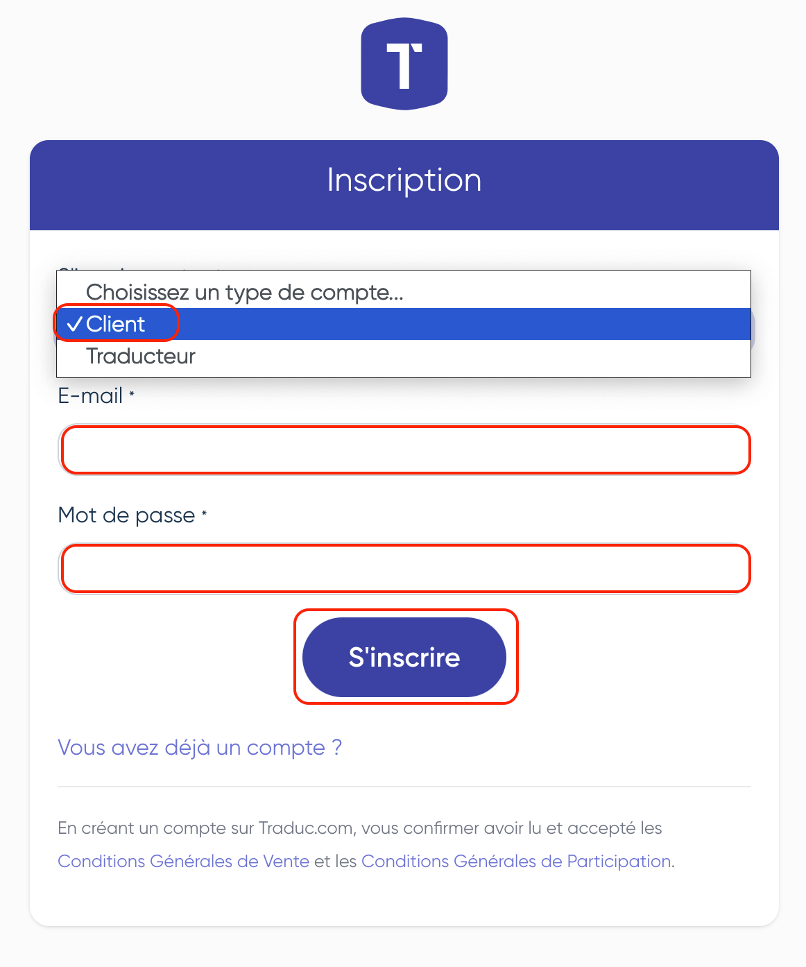 Inscription client