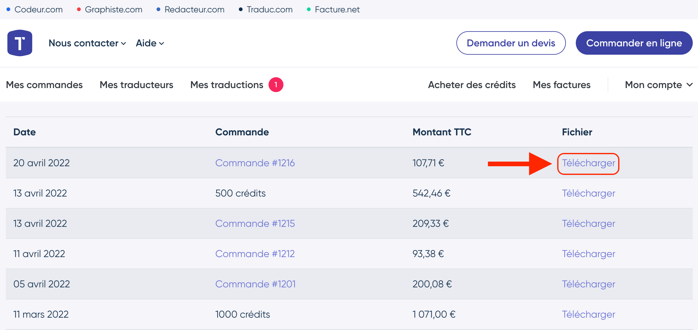 Télécharger une facture