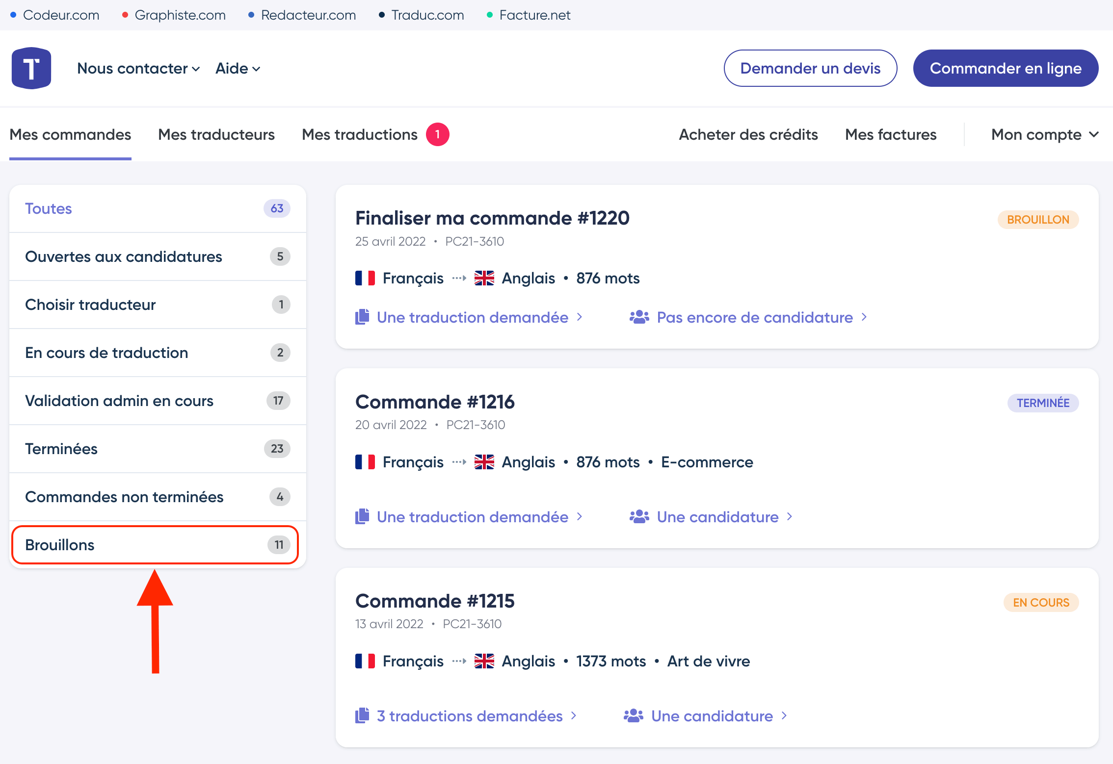 Accès aux commandes Brouillon