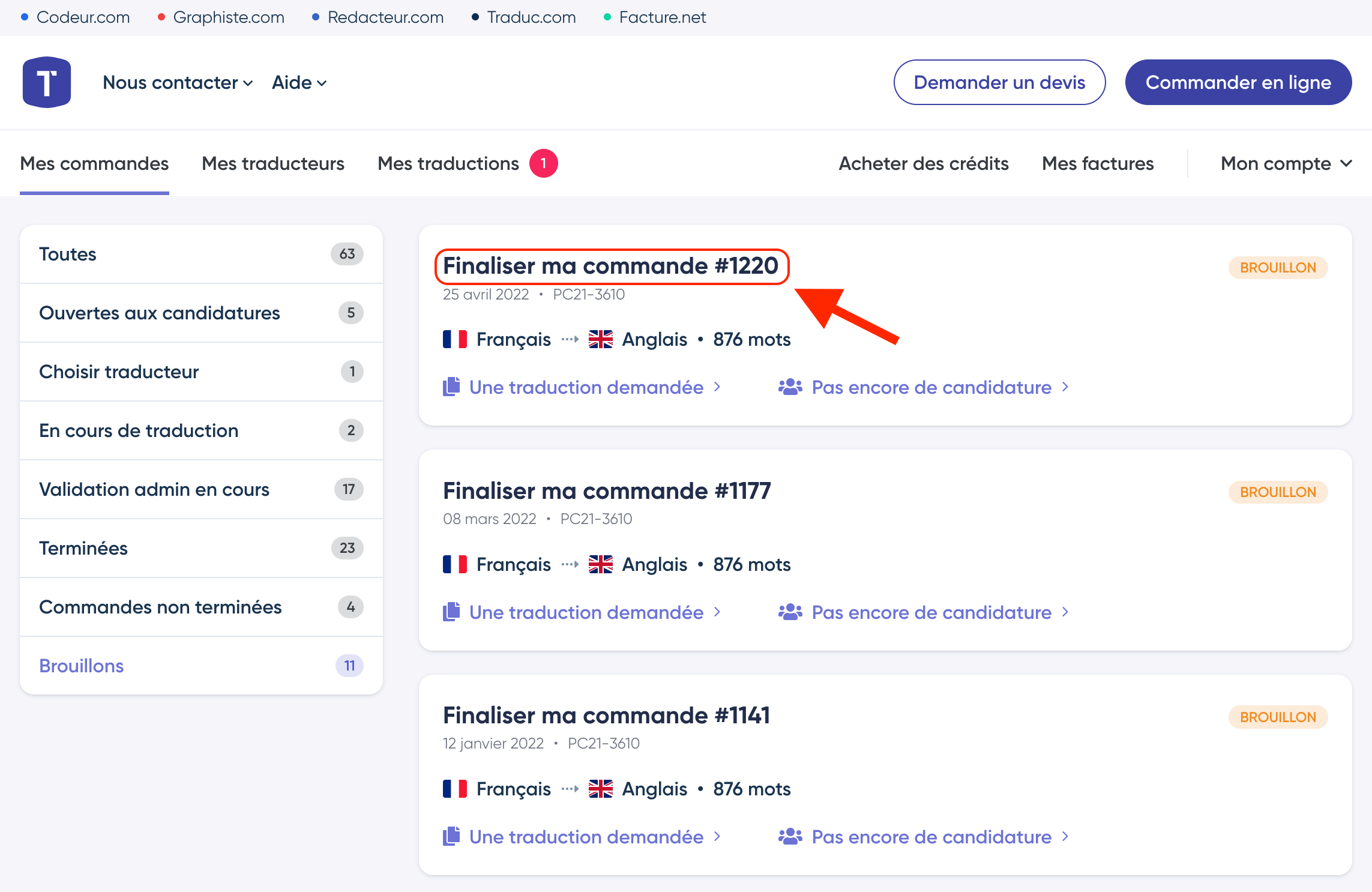 Accès à une commande à finaliser