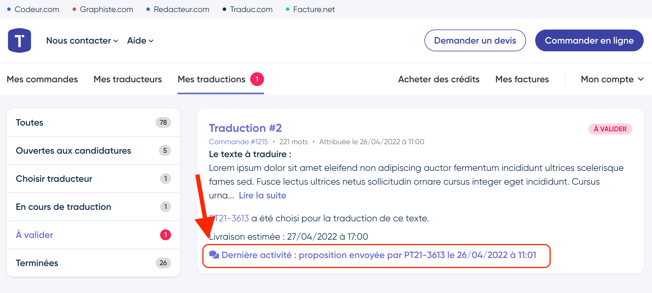 Accès à la traduction à valider