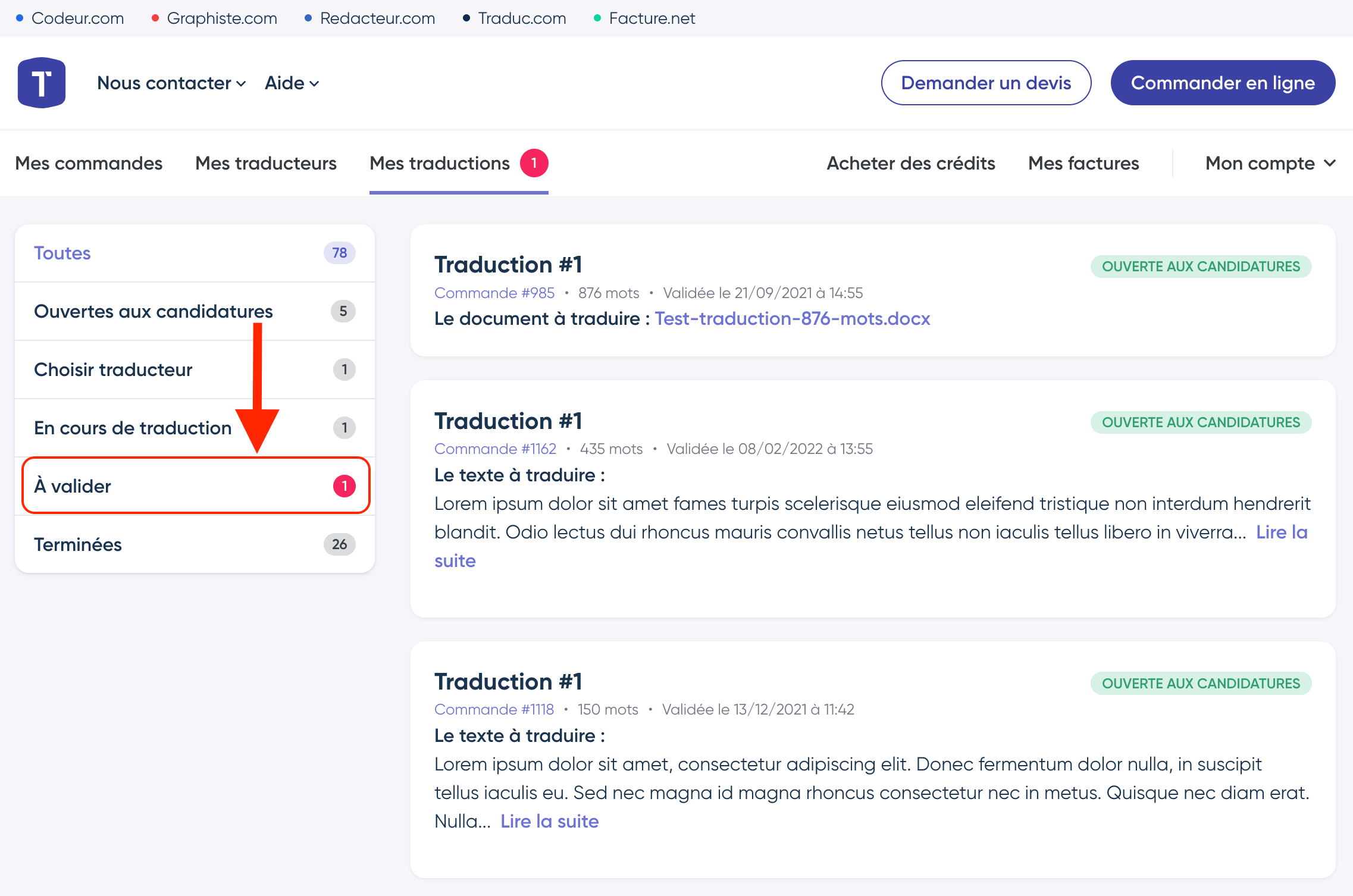Filtrer traductions à valider