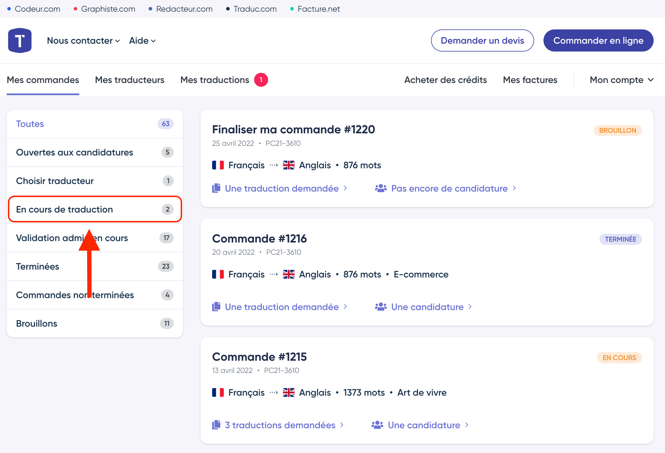 Commandes en cours de traduction