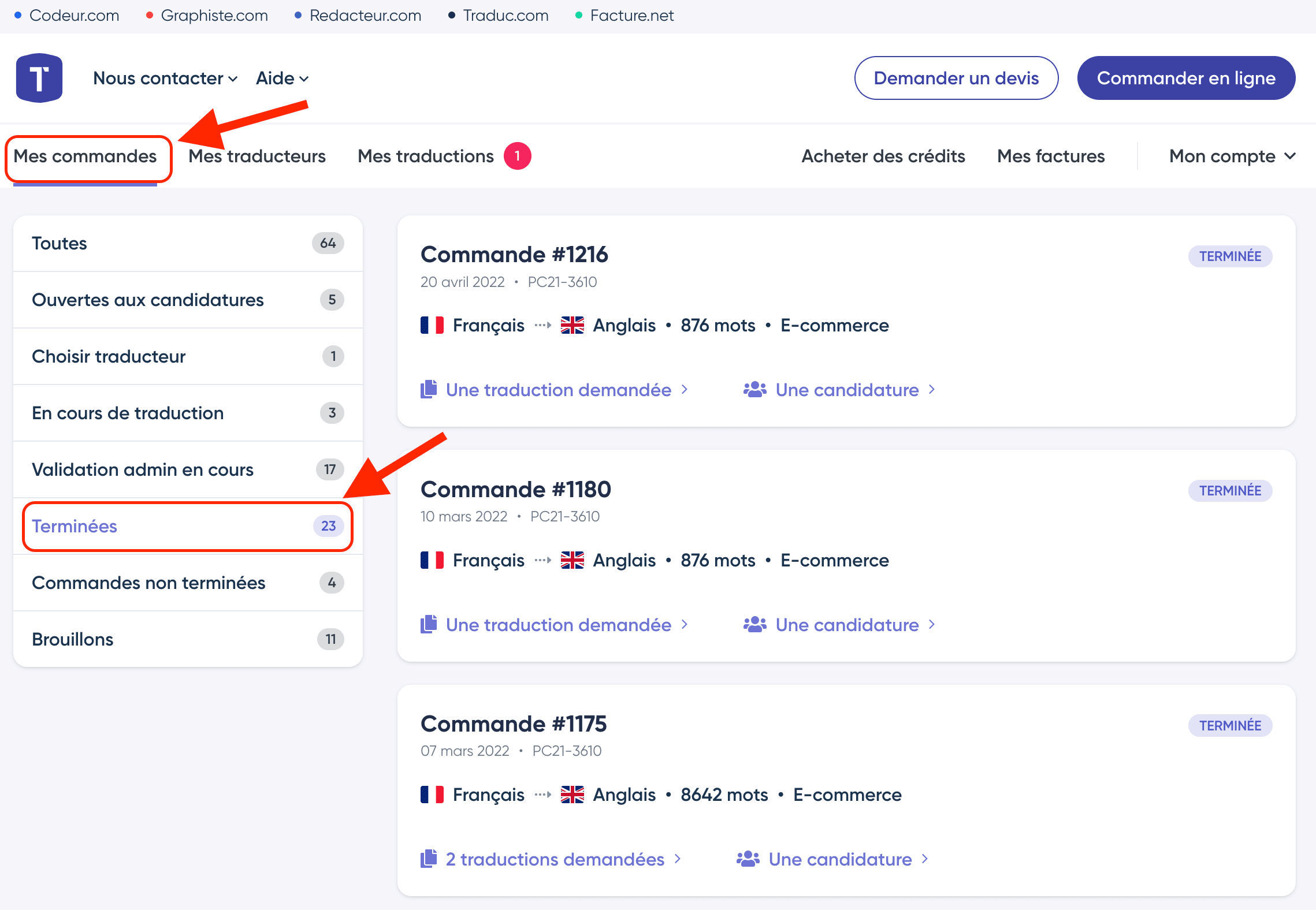 Accès commandes terminées