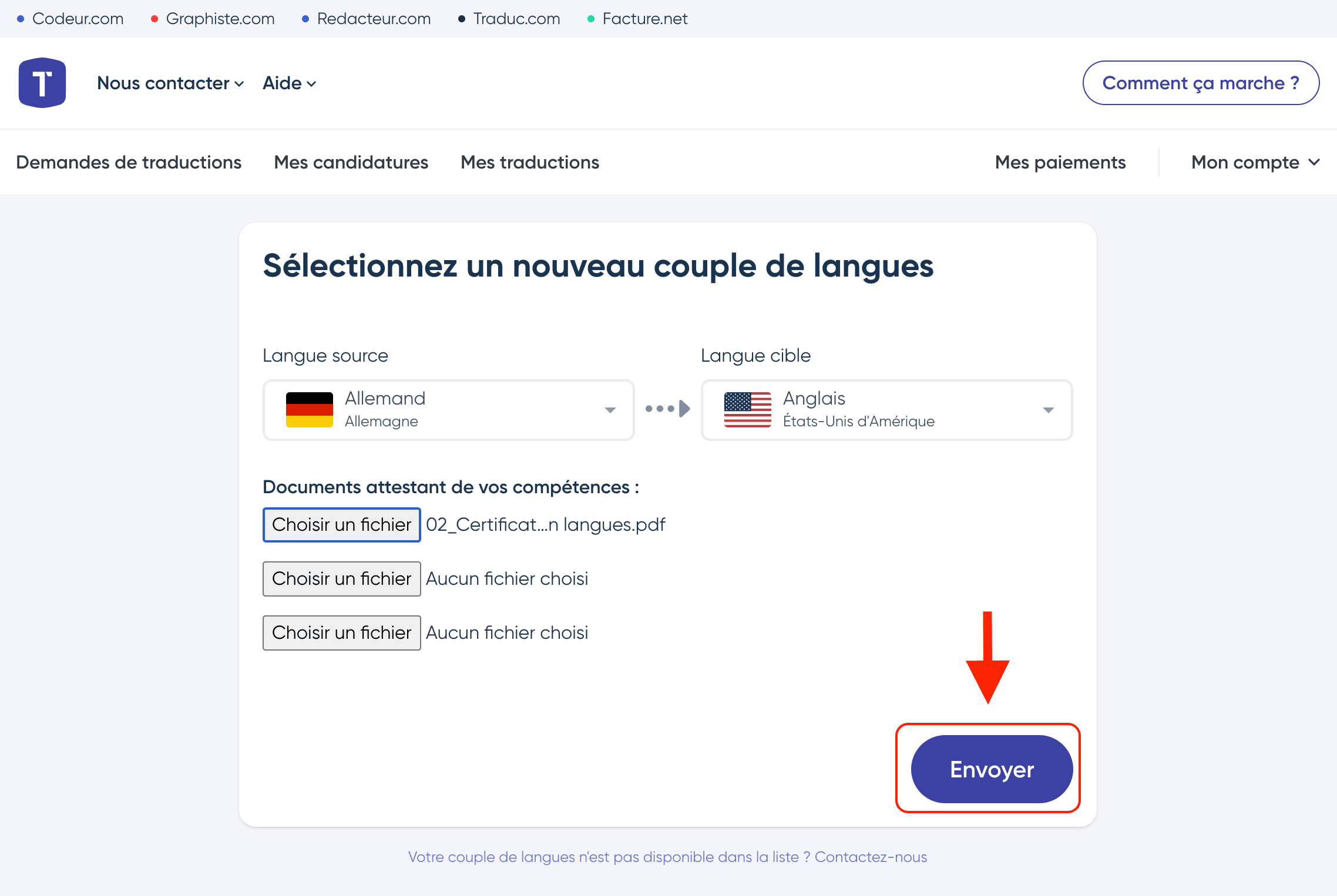 Envoyer la demande d'ajout de couple de langues